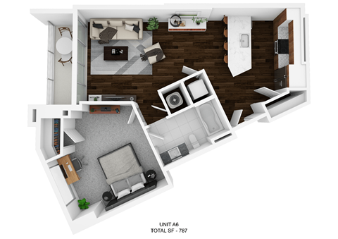 Floor plan for 1 bed, 1 bath, 787 sqft